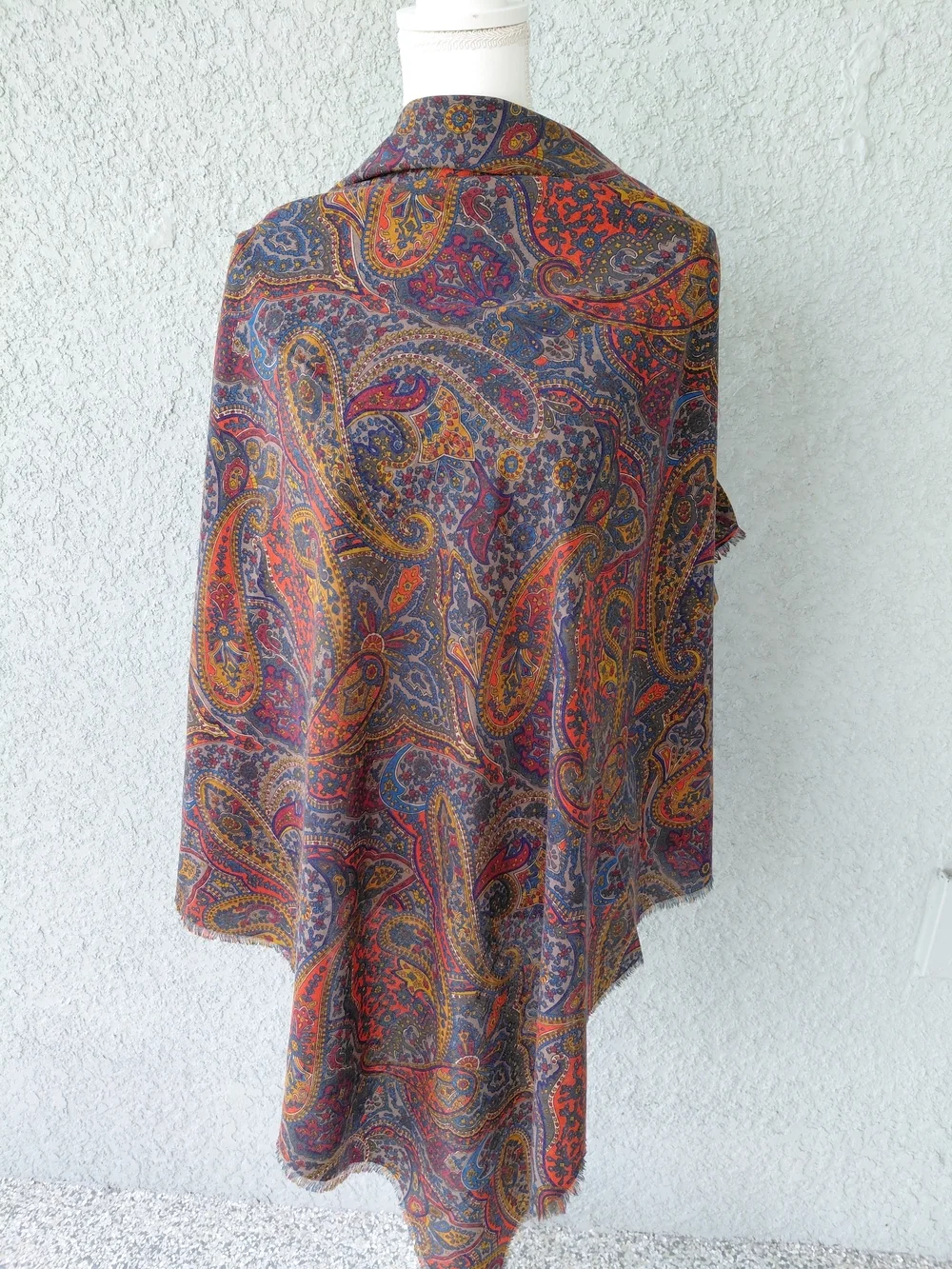 Vintage Paisley Wool Feel Shawl Wrap Scarf Fringe Edge Boho Colorful 44